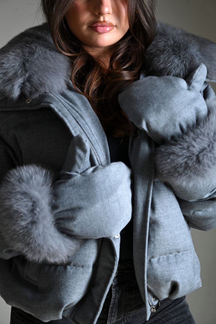 Close-up of a woman wearing a grey winter jacket with large fur collar and fur-trimmed mittens.