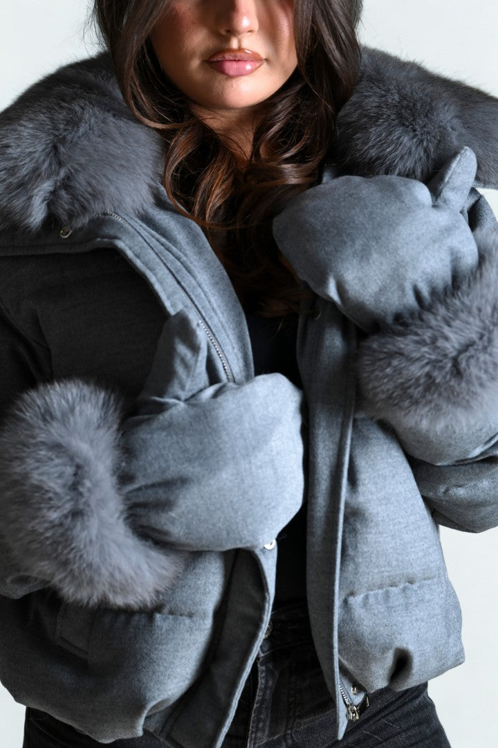 Person wearing a gray coat with fur-lined hood and mittens against a neutral background
